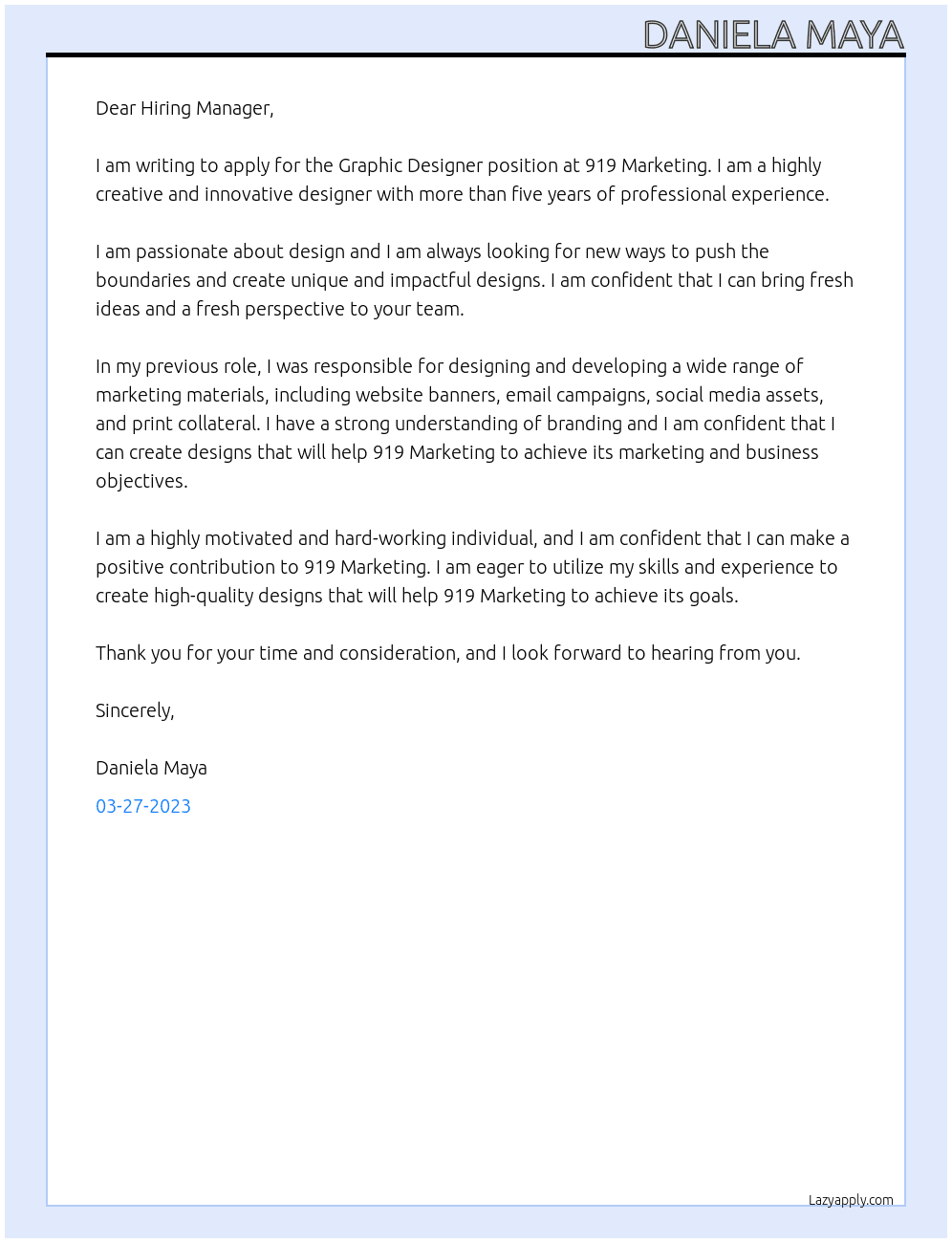 Graphic Designer At 919 Marketing Cover Letter