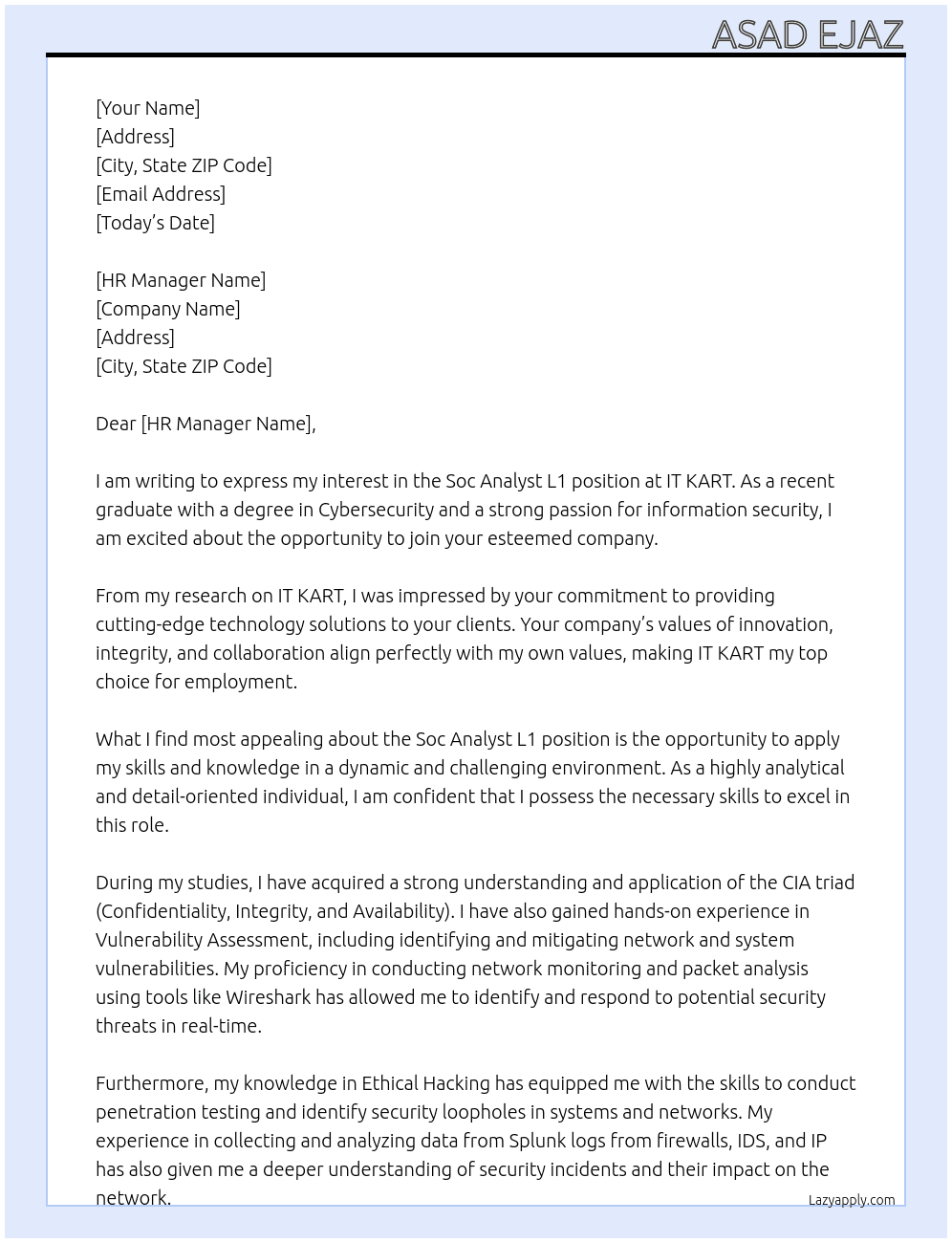 Soc Analyst L1 At IT KART Cover Letter