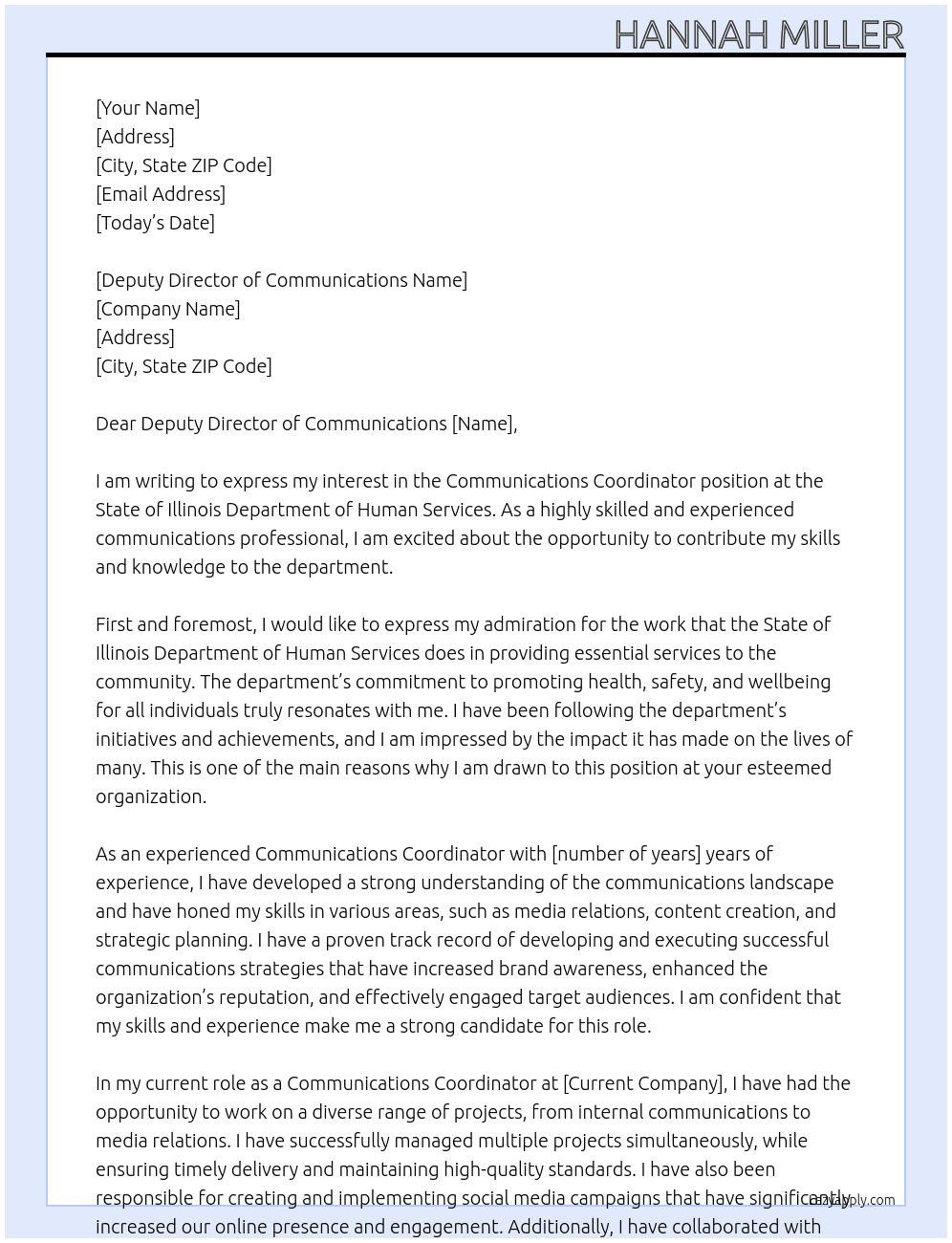 Communications coordinator At State of Illinois Department of Human Services Cover Letter