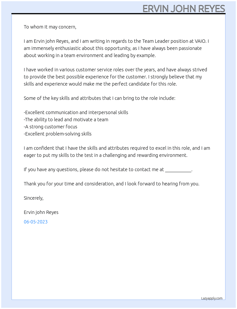 Team Leader At VAIO Cover Letter