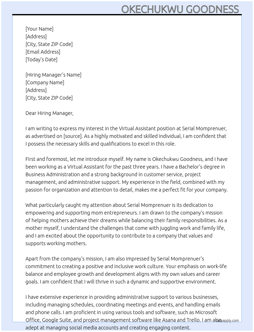 Virtual Assistant At Serial Momprenuer Cover Letter