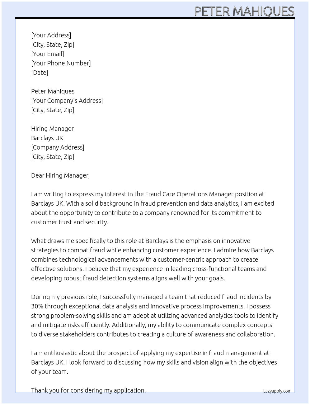 Fraud Care Operations Manager At Barclays UK Cover Letter