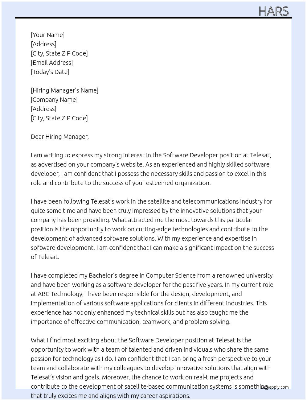 Software Developer At Telesat  Cover Letter