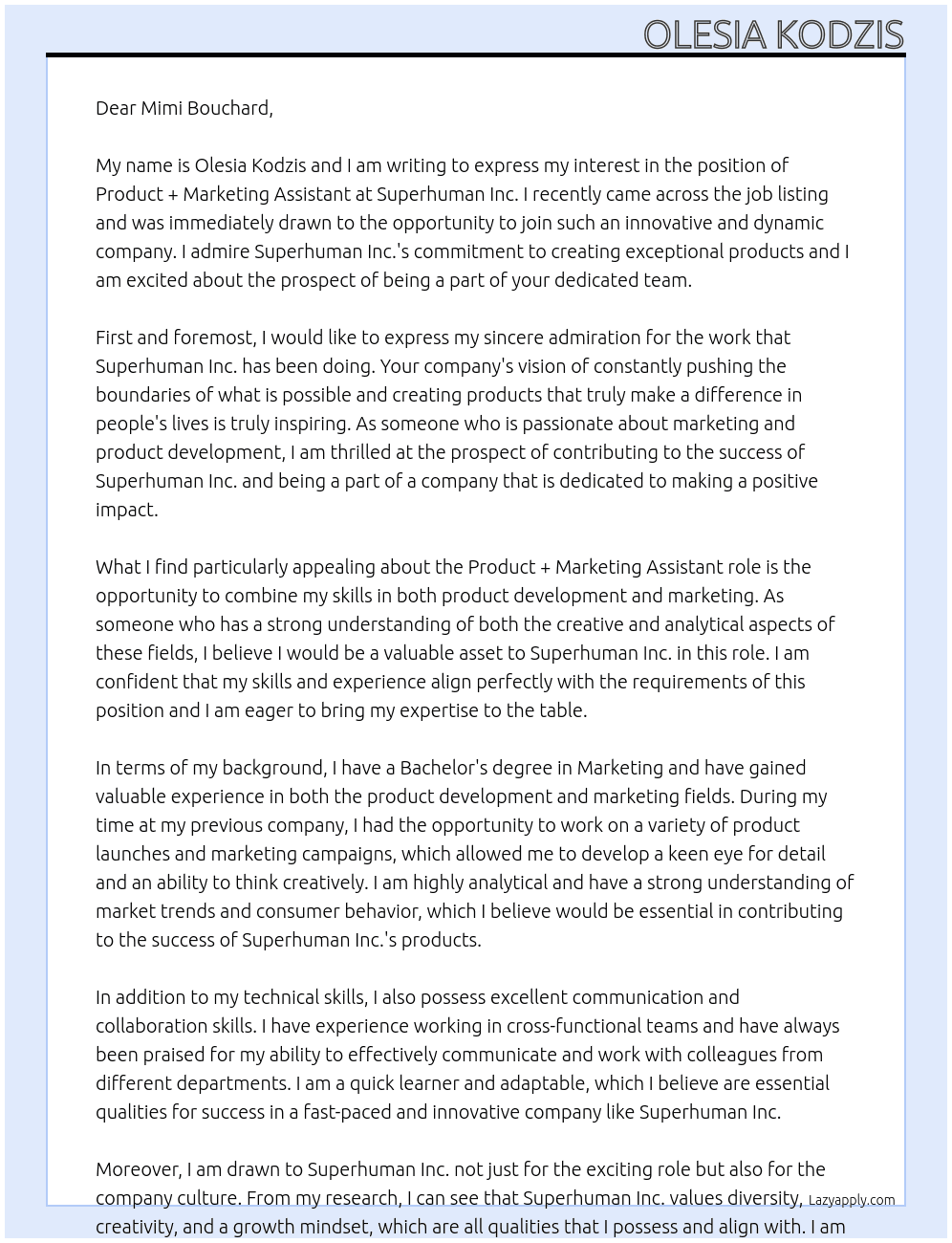 Product + Marketing Assistant At Superhuman Inc. Cover Letter