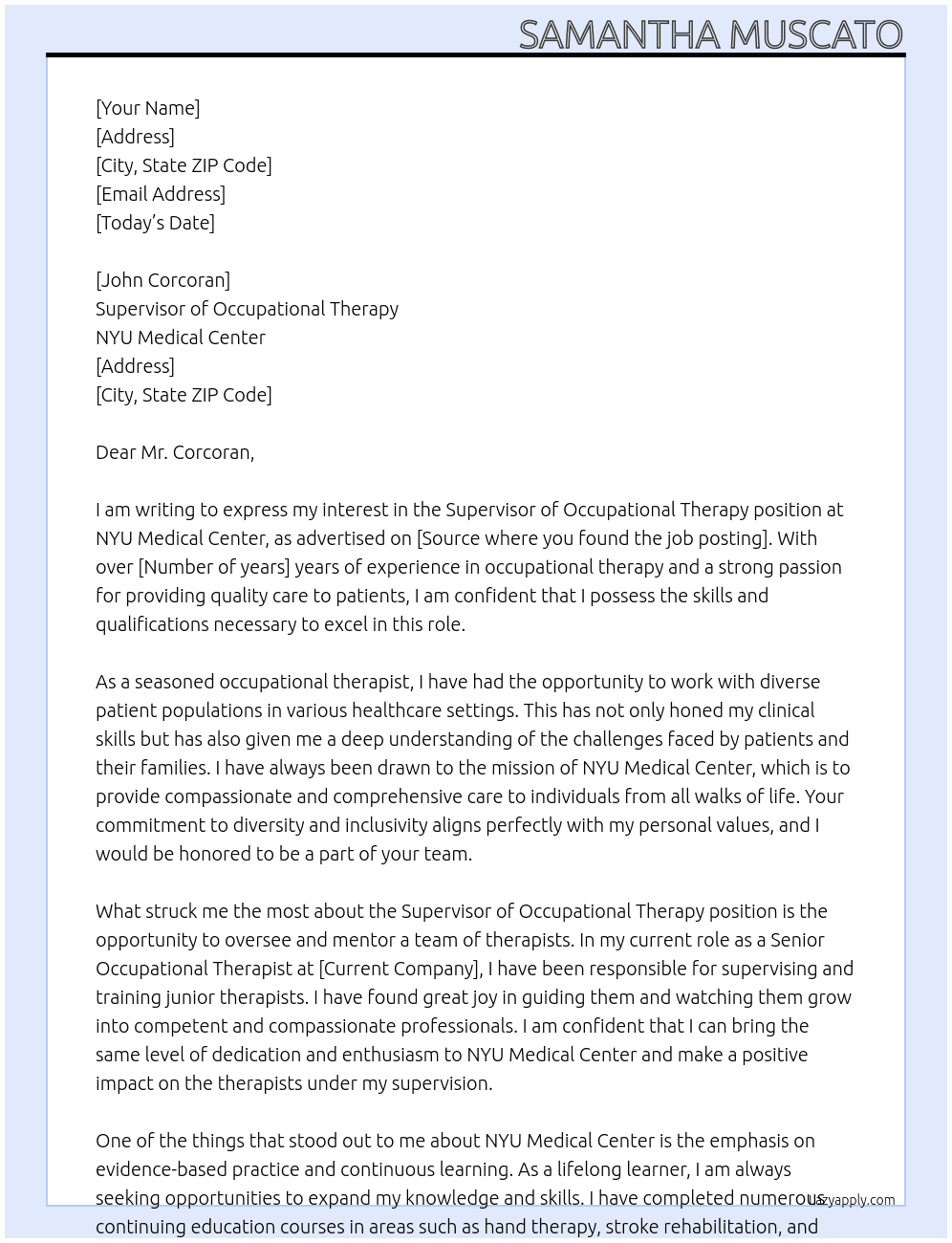 Supervisor of Occupational therapy At NYU Medical Center Cover Letter