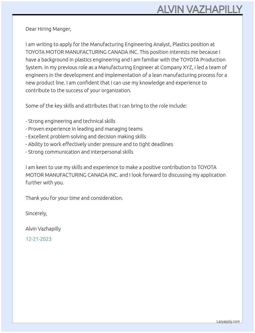 Manufacturing Engineering Analyst, Plastics At TOYOTA MOTOR MANUFACTURING CANADA INC. Cover Letter