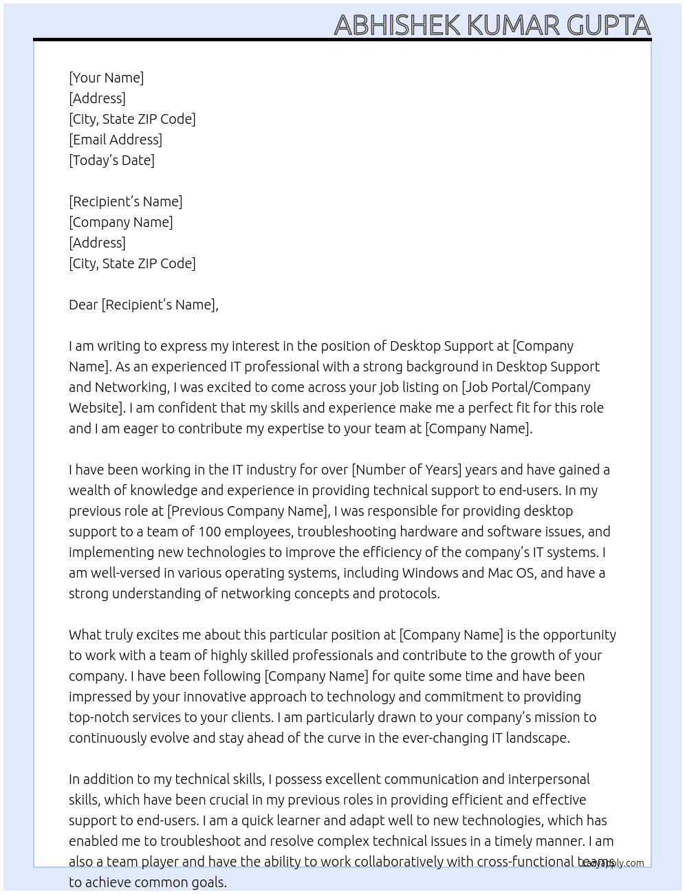 Desktop Support At asdf Cover Letter