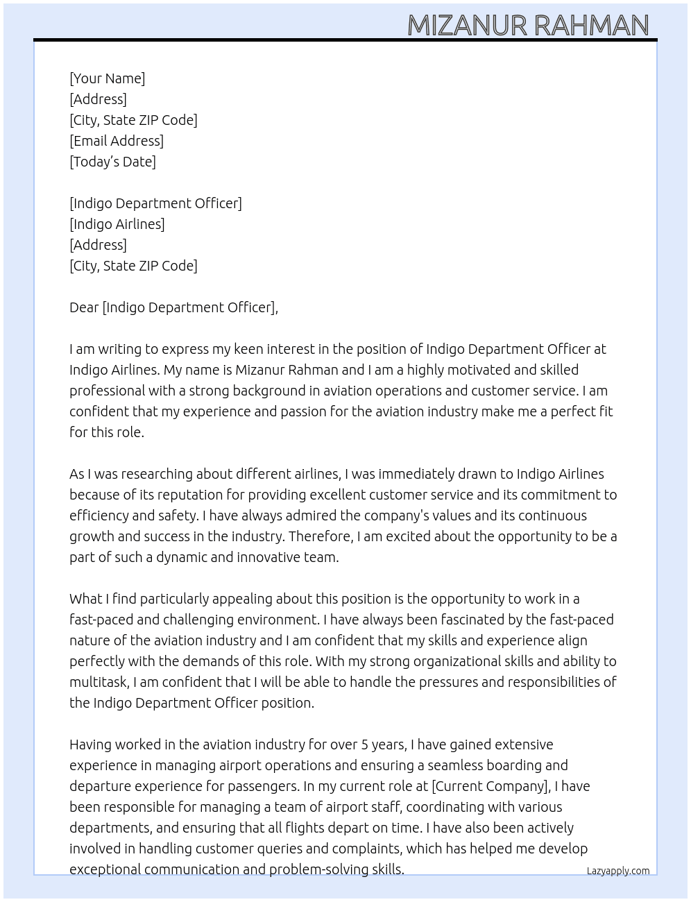 Indigo  At AIRPORT (INDIGO) Cover Letter