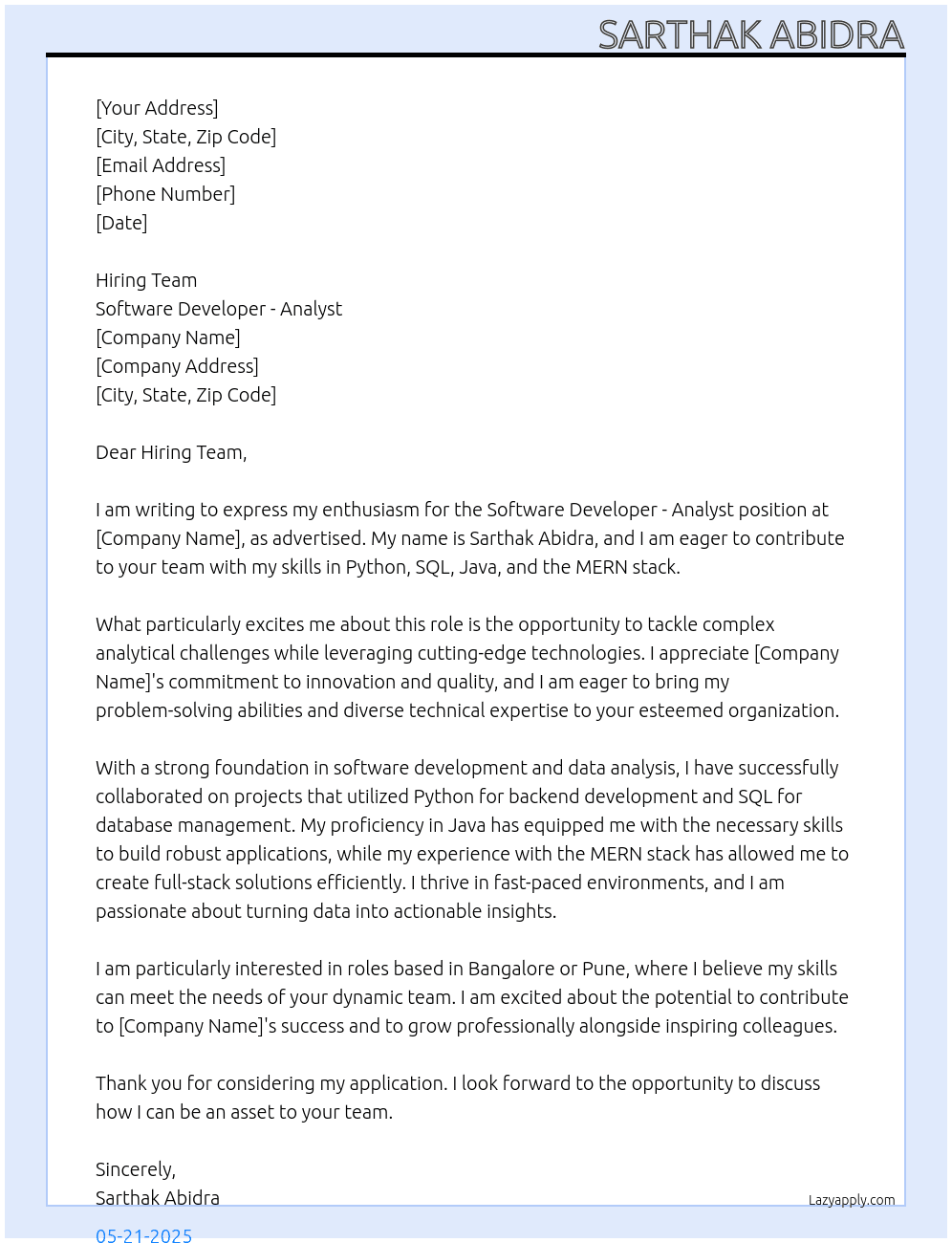 Software Developer - Analyst At Software Developer - Analyst Cover Letter