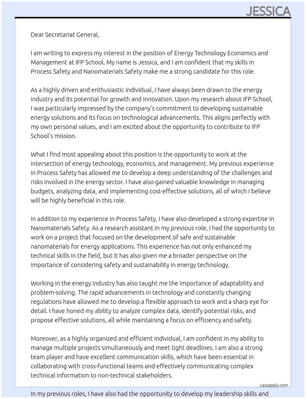 Energy Technology Economics and Management At IFP School Cover Letter