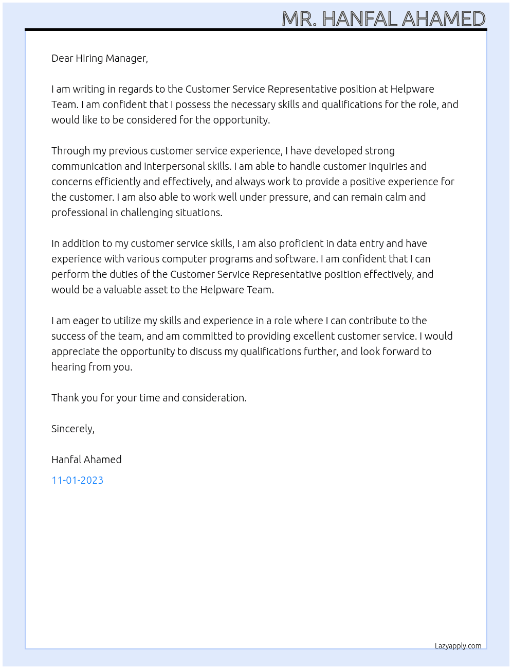 Customer Service Representative At Helpware Team Cover Letter