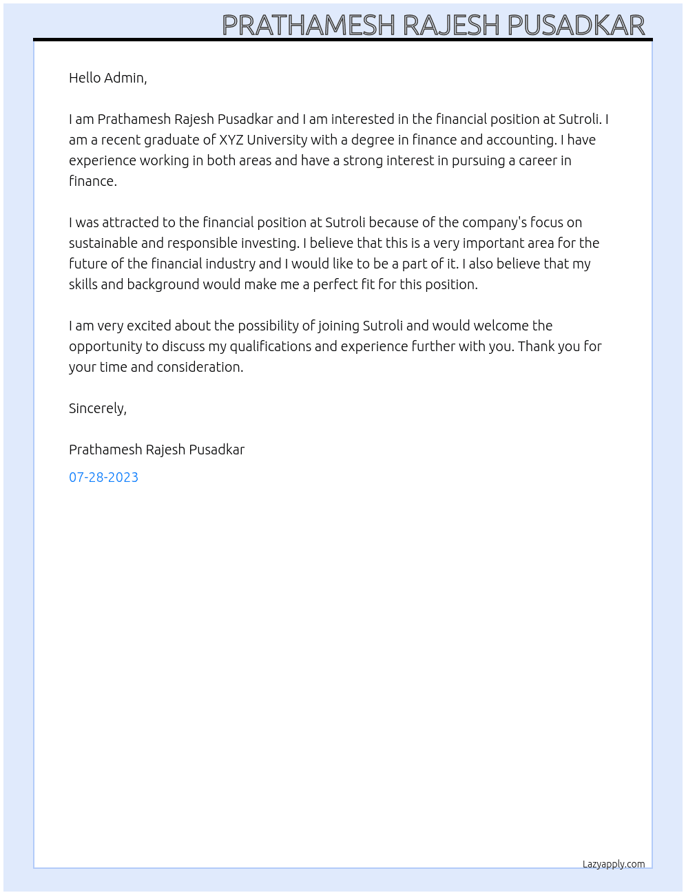 Financial  At Sutroli Cover Letter