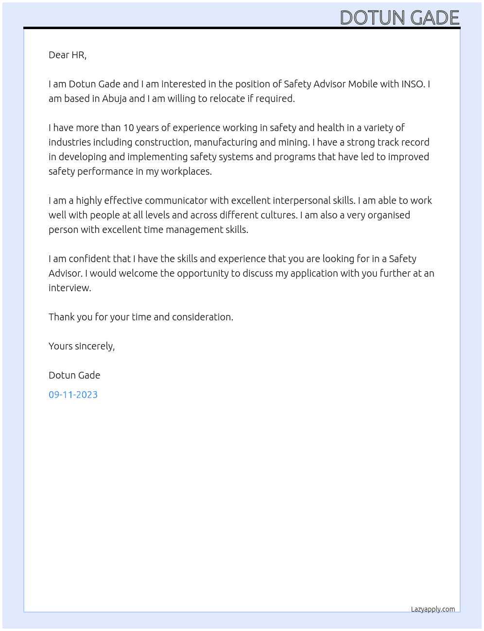 Safety Advisor Mobile At INSO Cover Letter