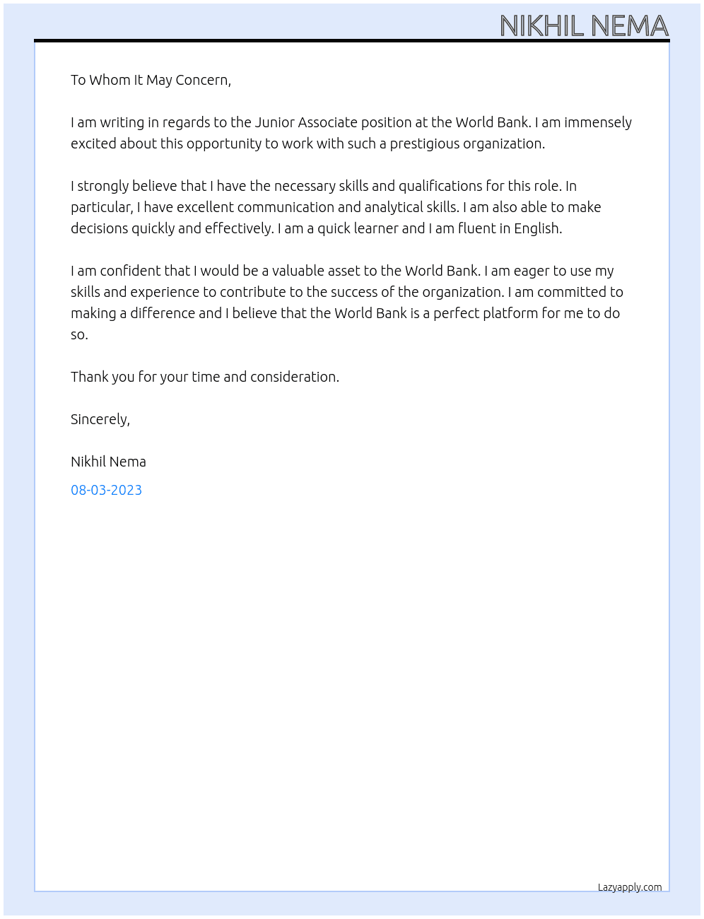 Junior associate  At World bank Cover Letter