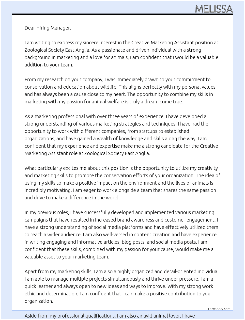 Creative Marketing Assistant At Zoological Society East Anglia Cover Letter