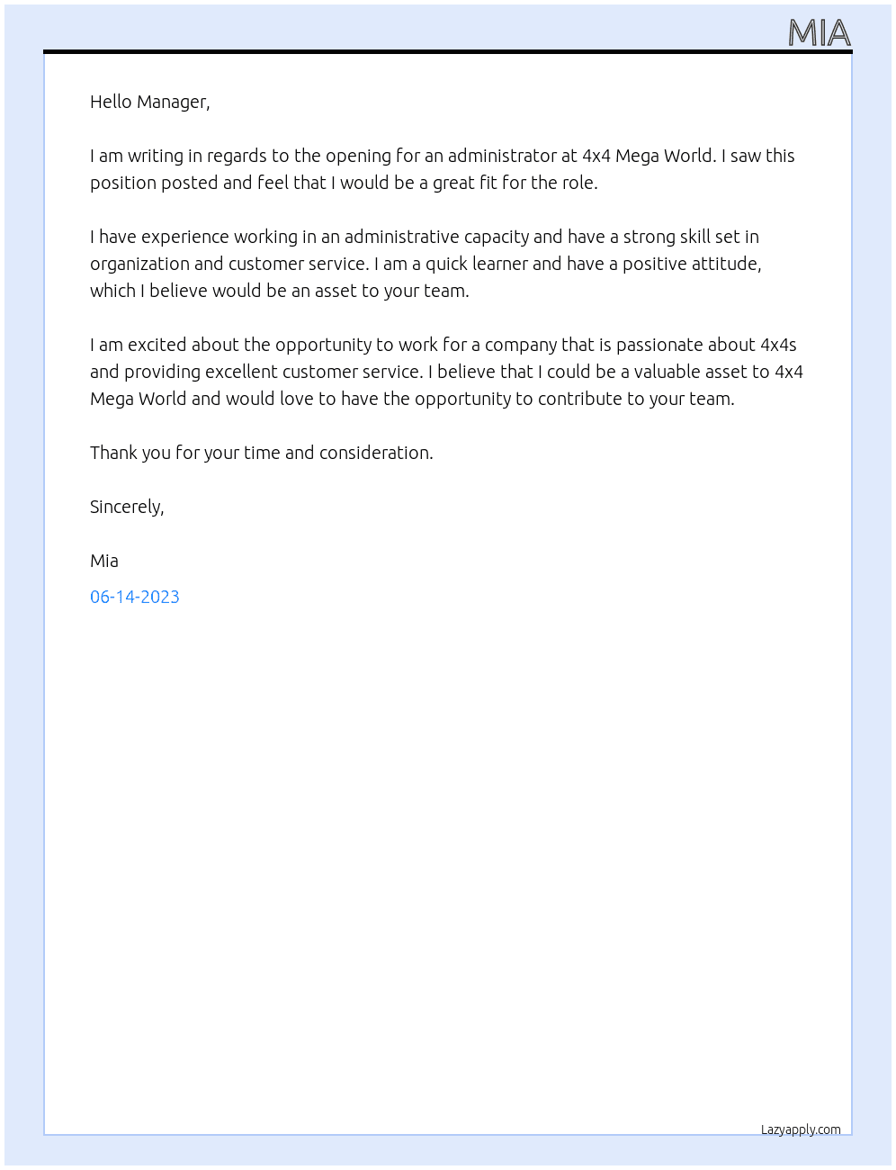 Administrator At 4x4 Mega World Cover Letter