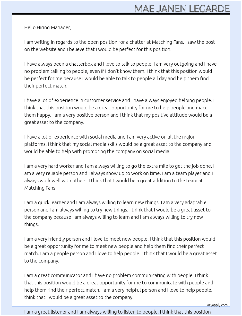 chatter At matching fans Cover Letter