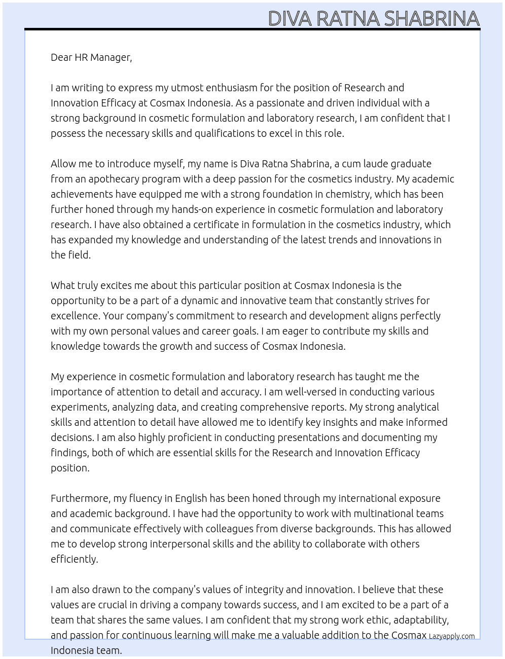 research and innovation efficacy At Cosmax Indonesia Cover Letter