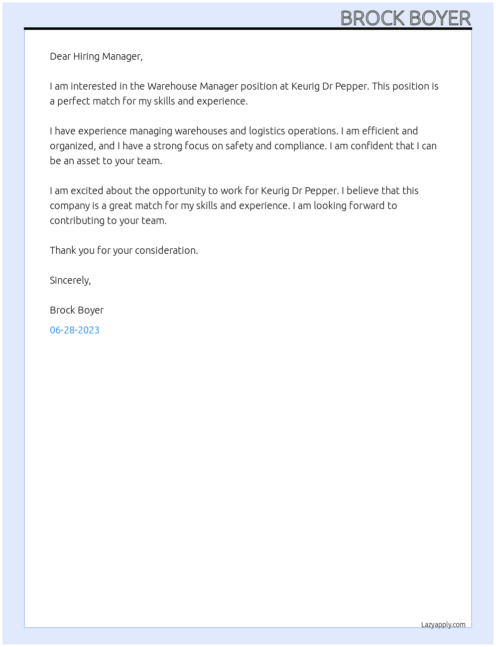 Warehouse Manager At Keurig Dr Pepper Cover Letter