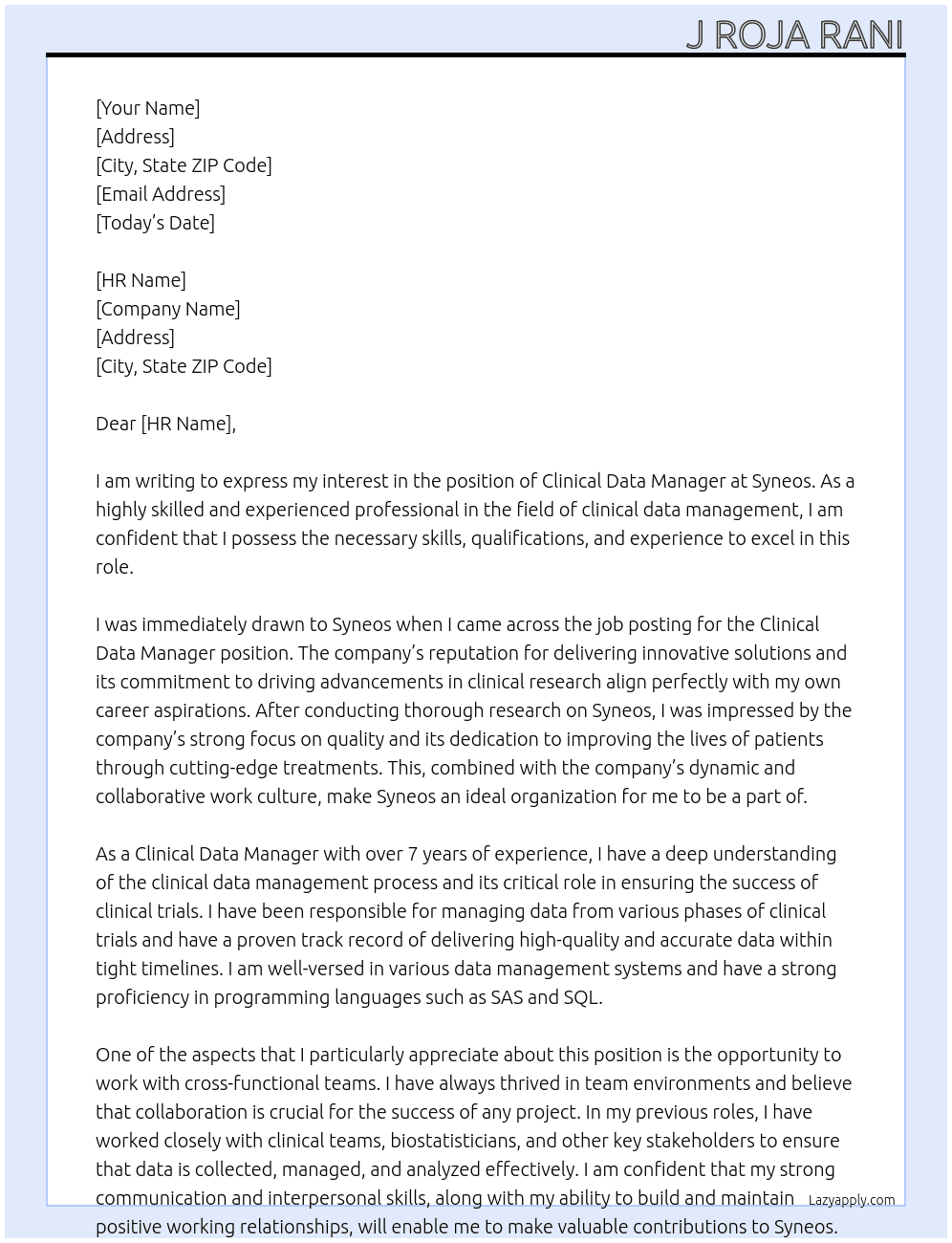 Clinical Data Manager At Syneos Cover Letter