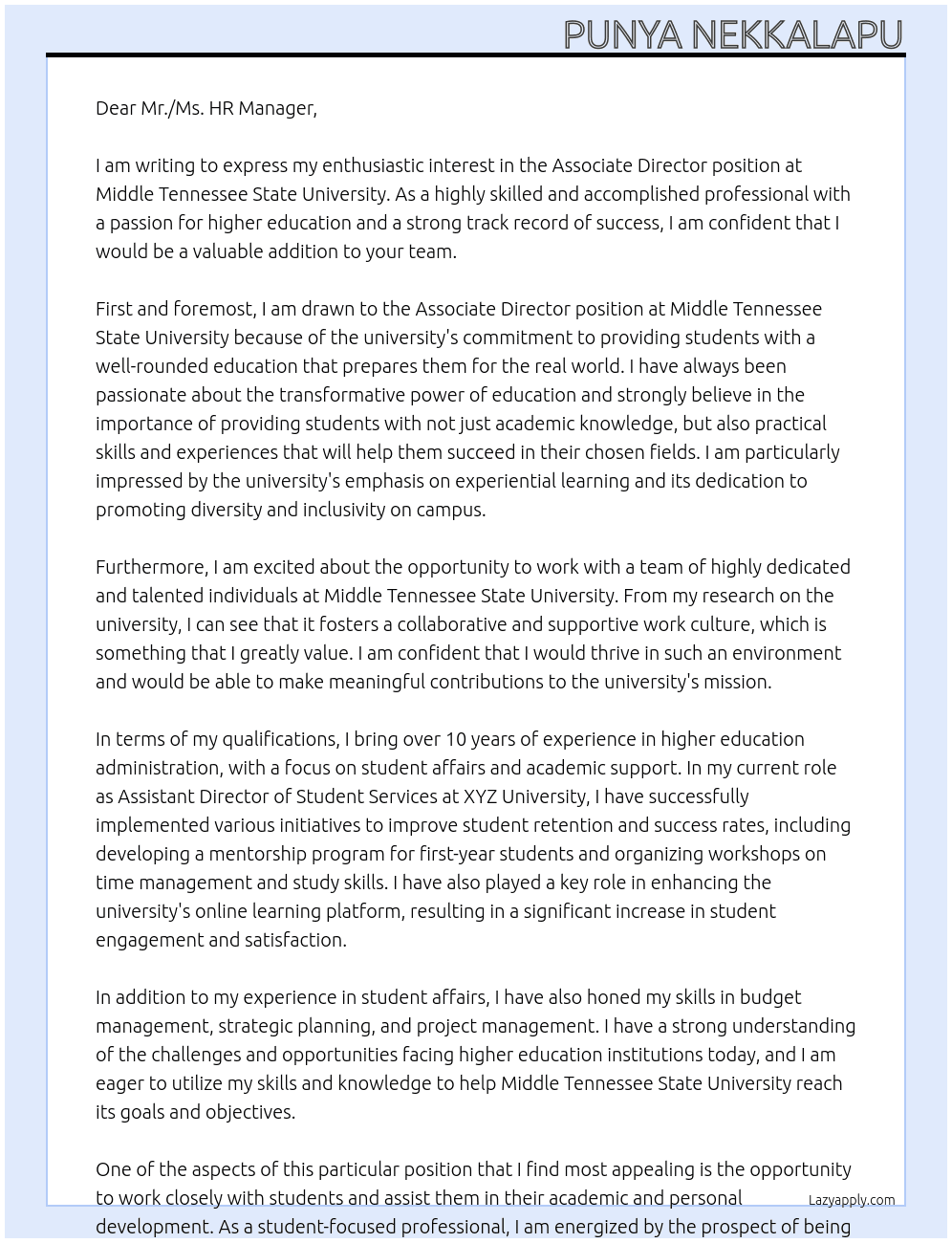 Associate director At Middle tennessee State university Cover Letter