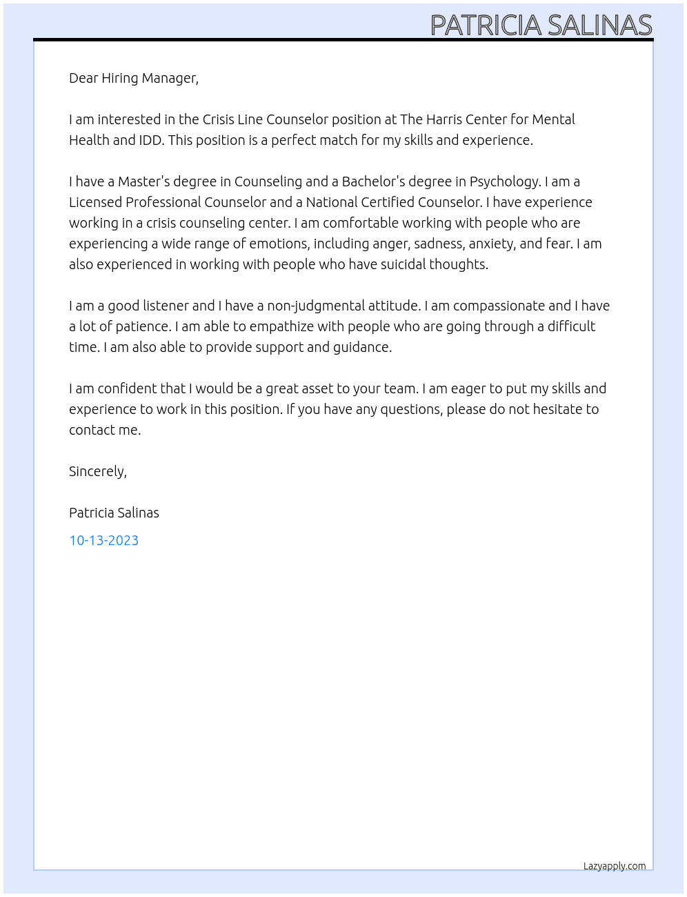 Crisis Line Counselor At The Harris Center for Mental Health and IDD Cover Letter