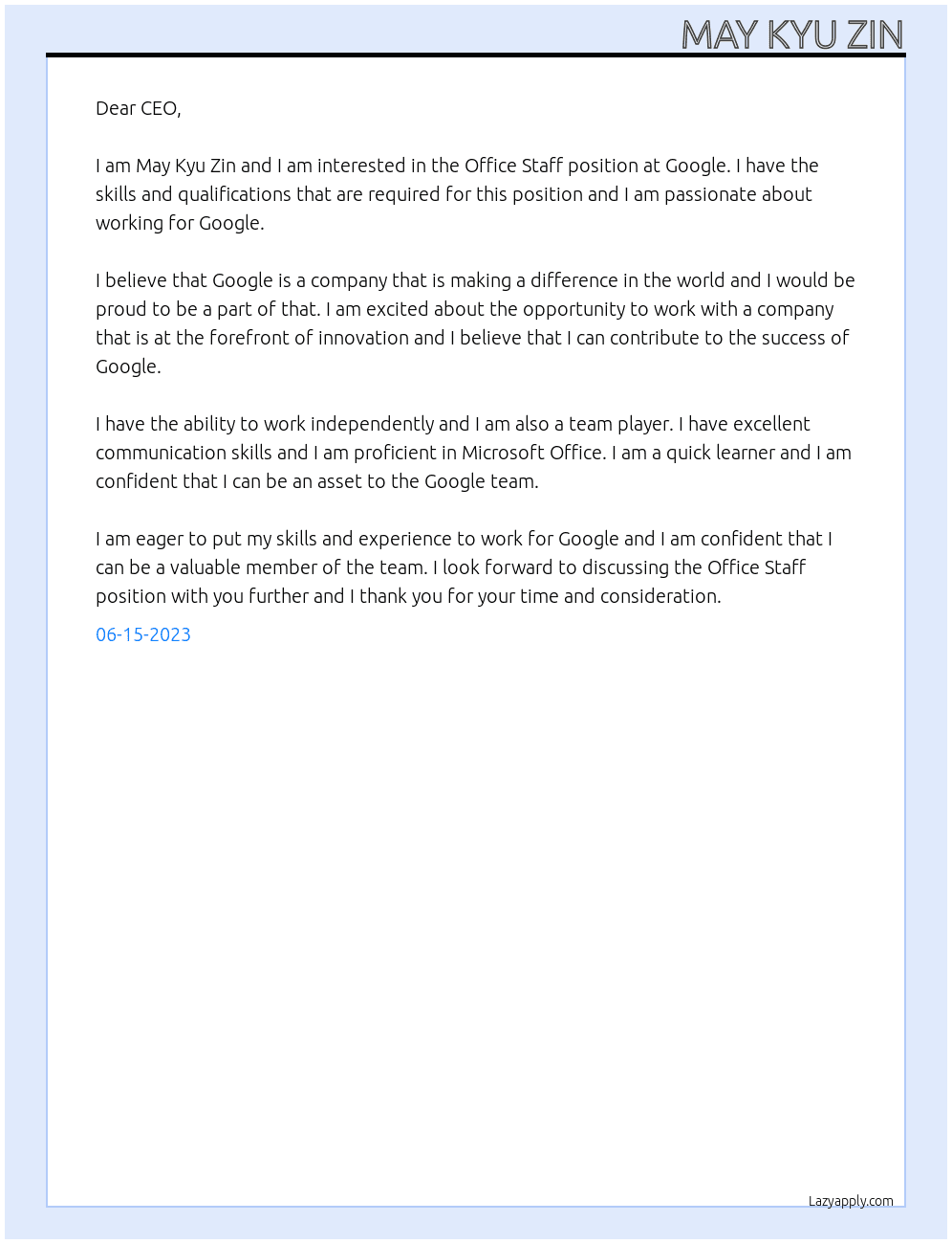 Office Staff At Google  Cover Letter