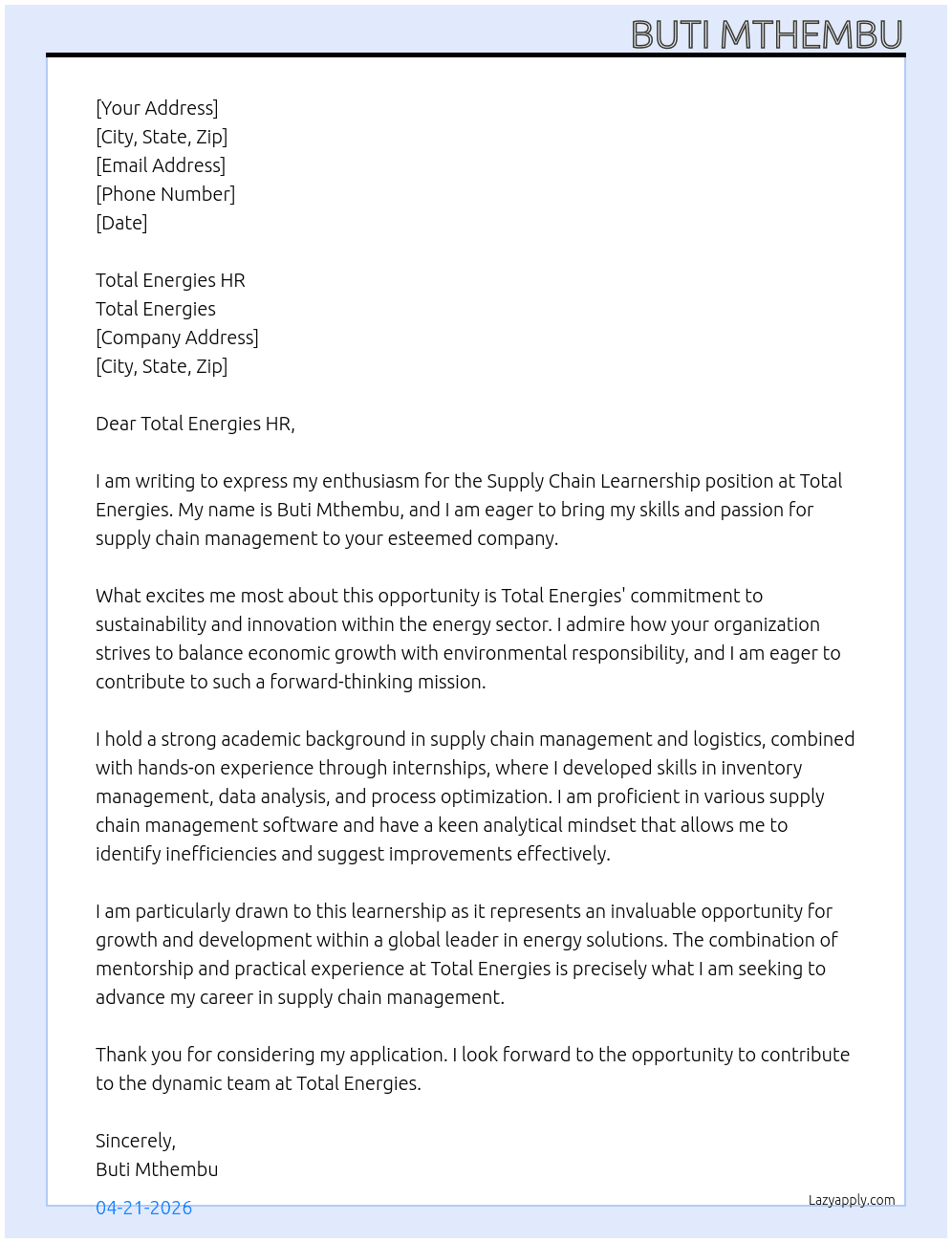 Suply Chain Learnership At Total Energies Cover Letter