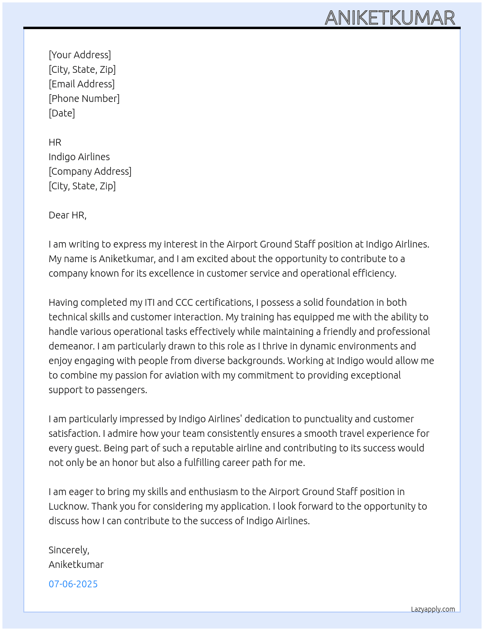 Airport ground staff At Indigo Airlines Cover Letter