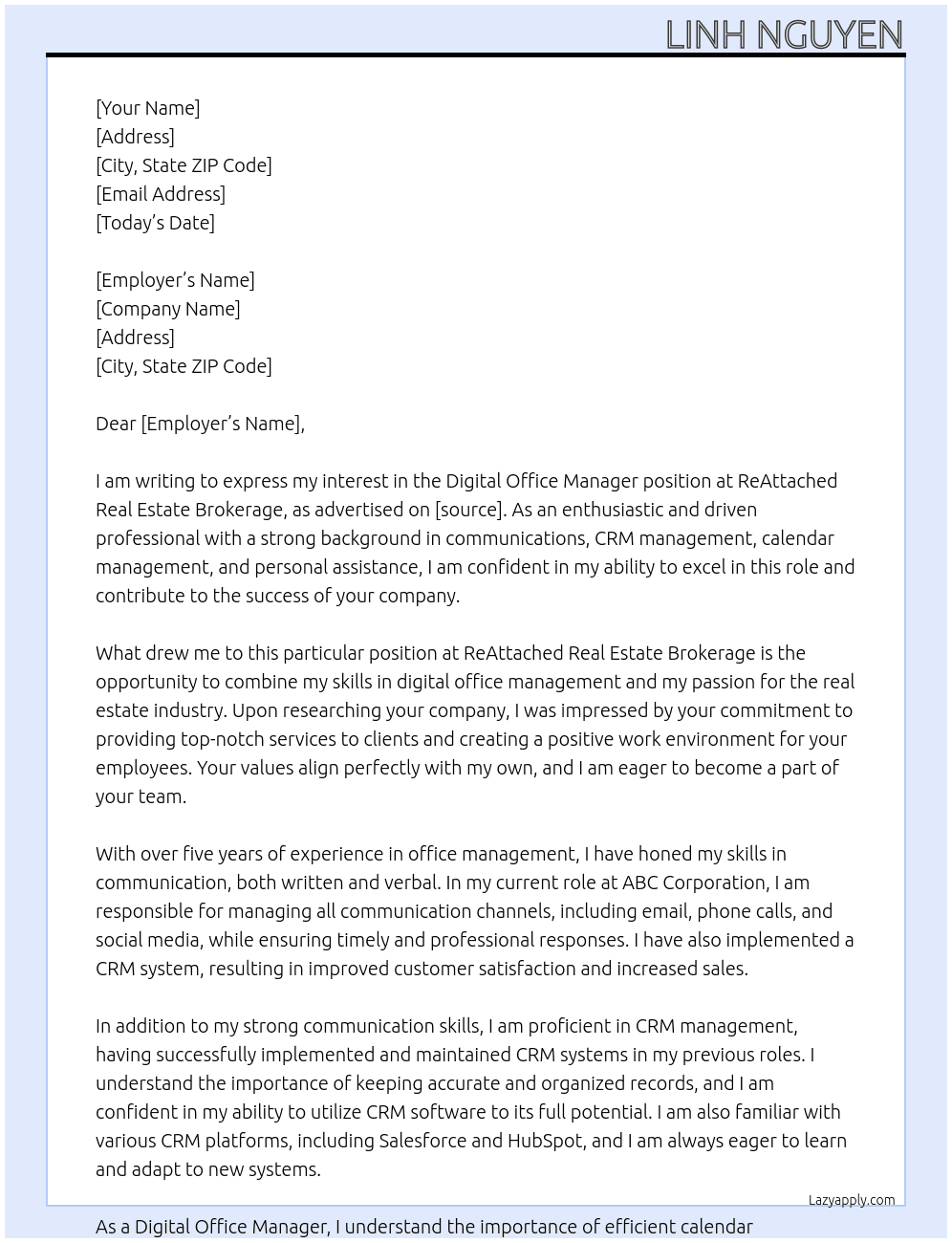Digital Office Manager At ReAttached Real Estate Brokerage Cover Letter