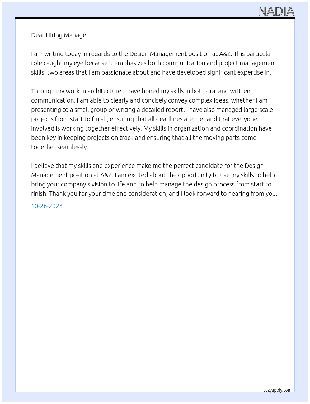 Design Management At A&Z Cover Letter