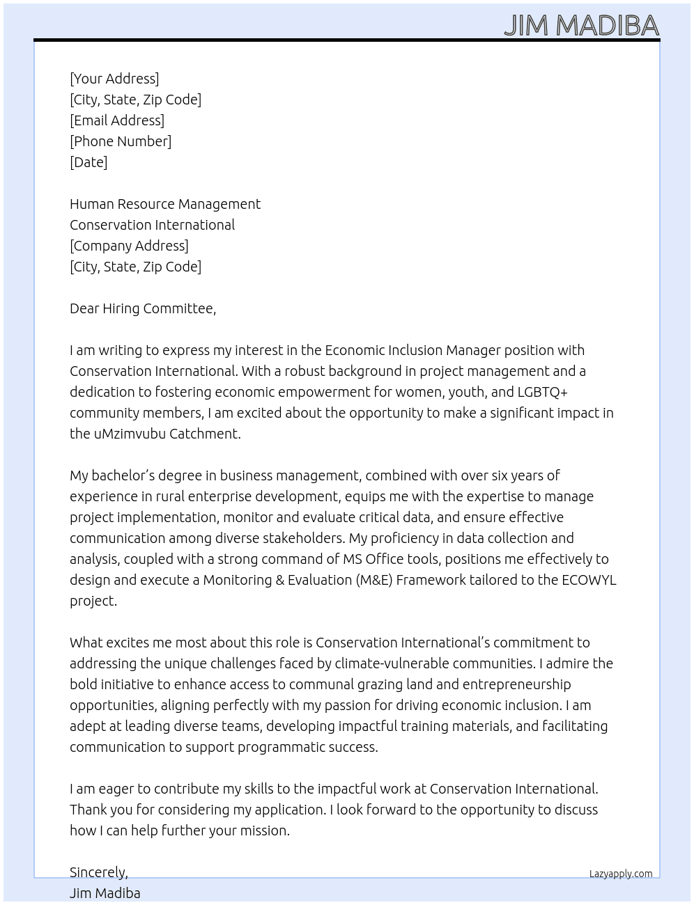 Economic Inclusion Manager At Conservation International Cover Letter