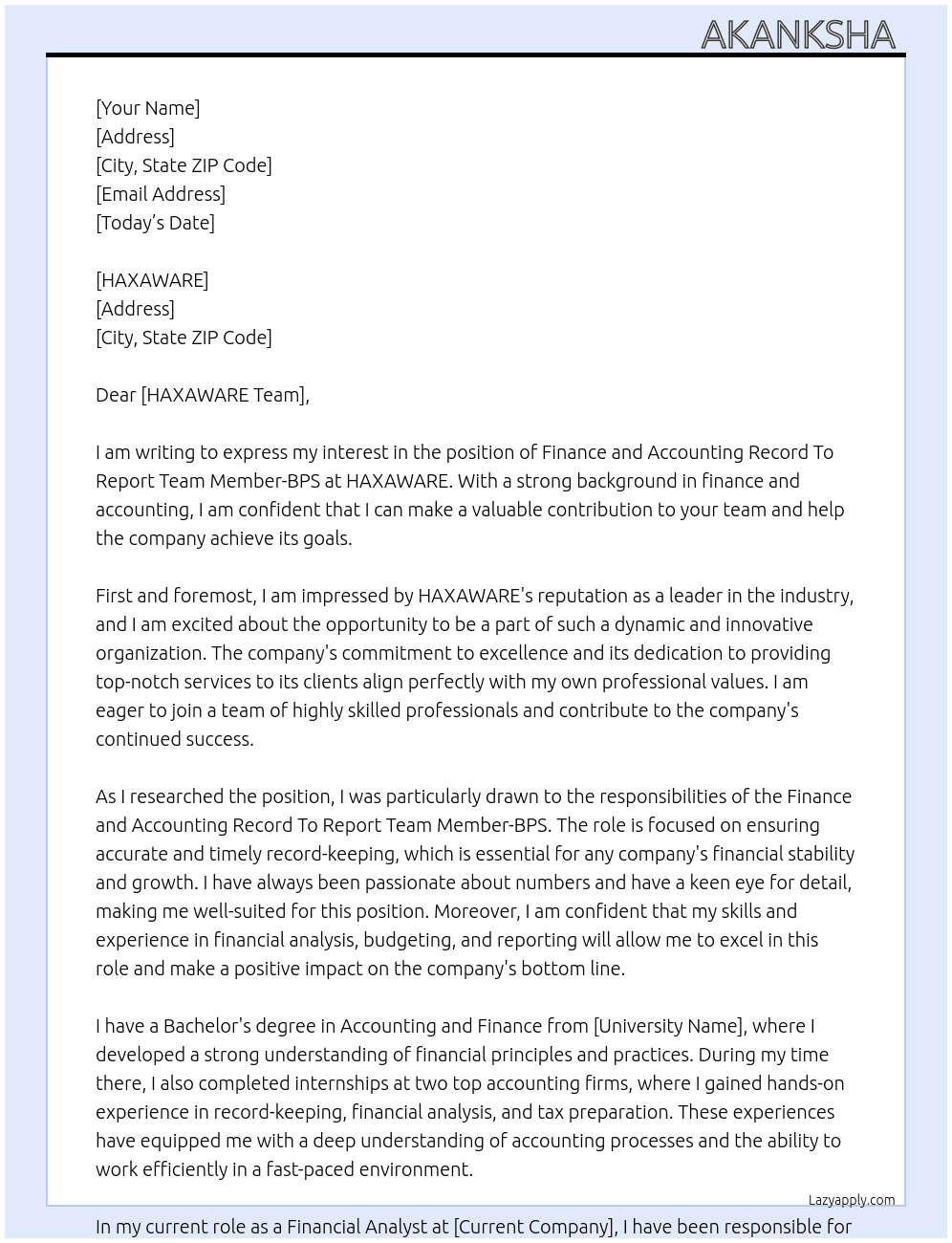 Finance and Accounting Record To Report Team Member-BPS At HAXAWARE  Cover Letter