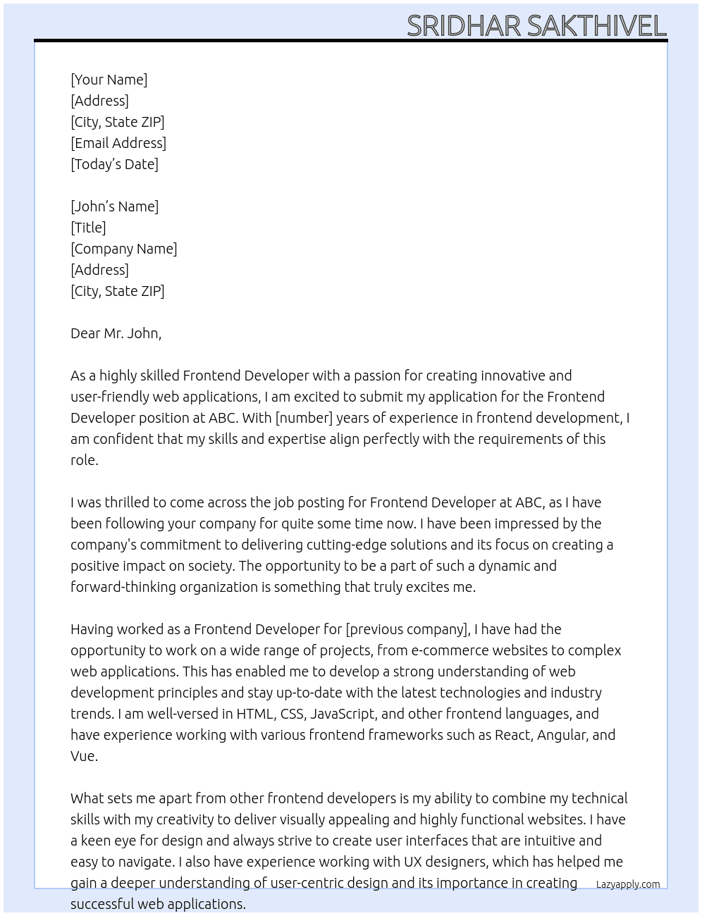 Frontend Developer At ABC  Cover Letter
