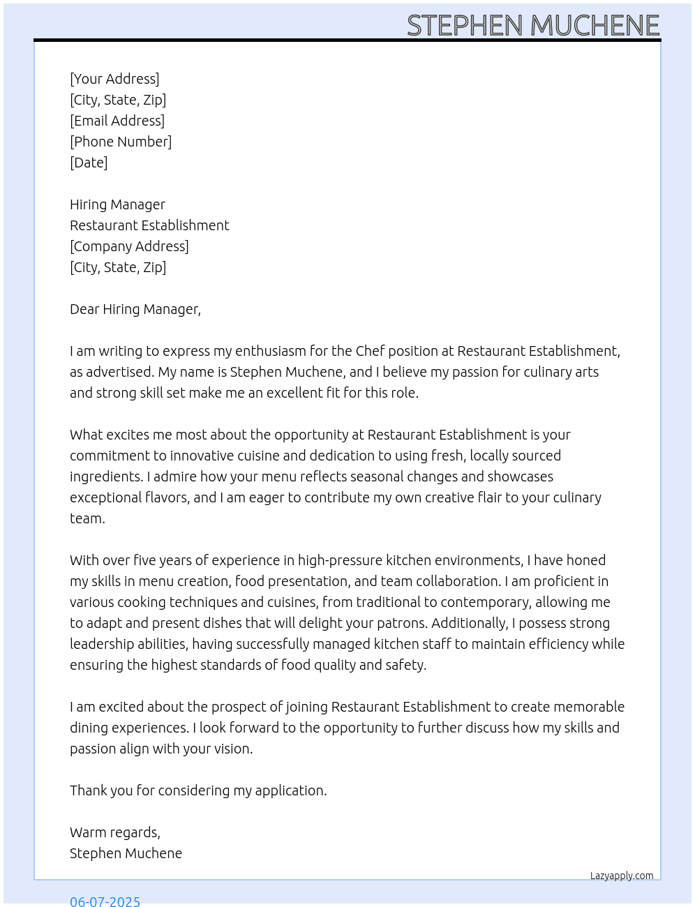 chef At restaurant establishment Cover Letter