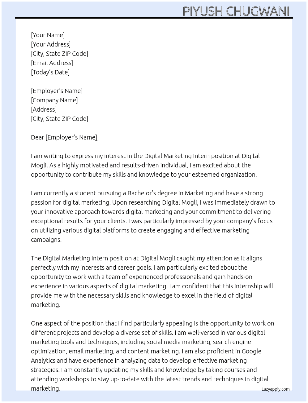 Digital marketing Intern  At Digital Mogli  Cover Letter