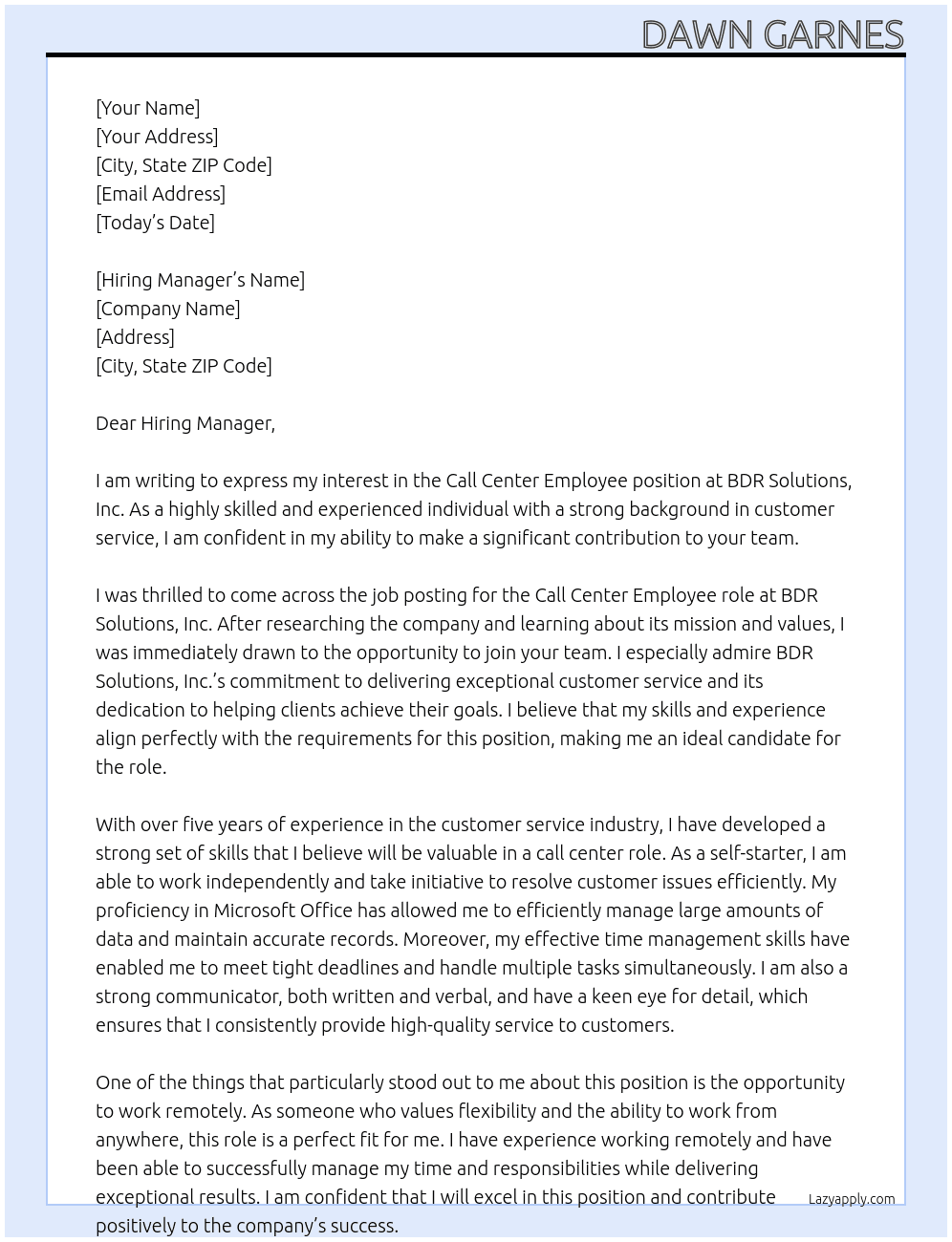 Call Center Employee At BDR Solutions, Inc. Cover Letter