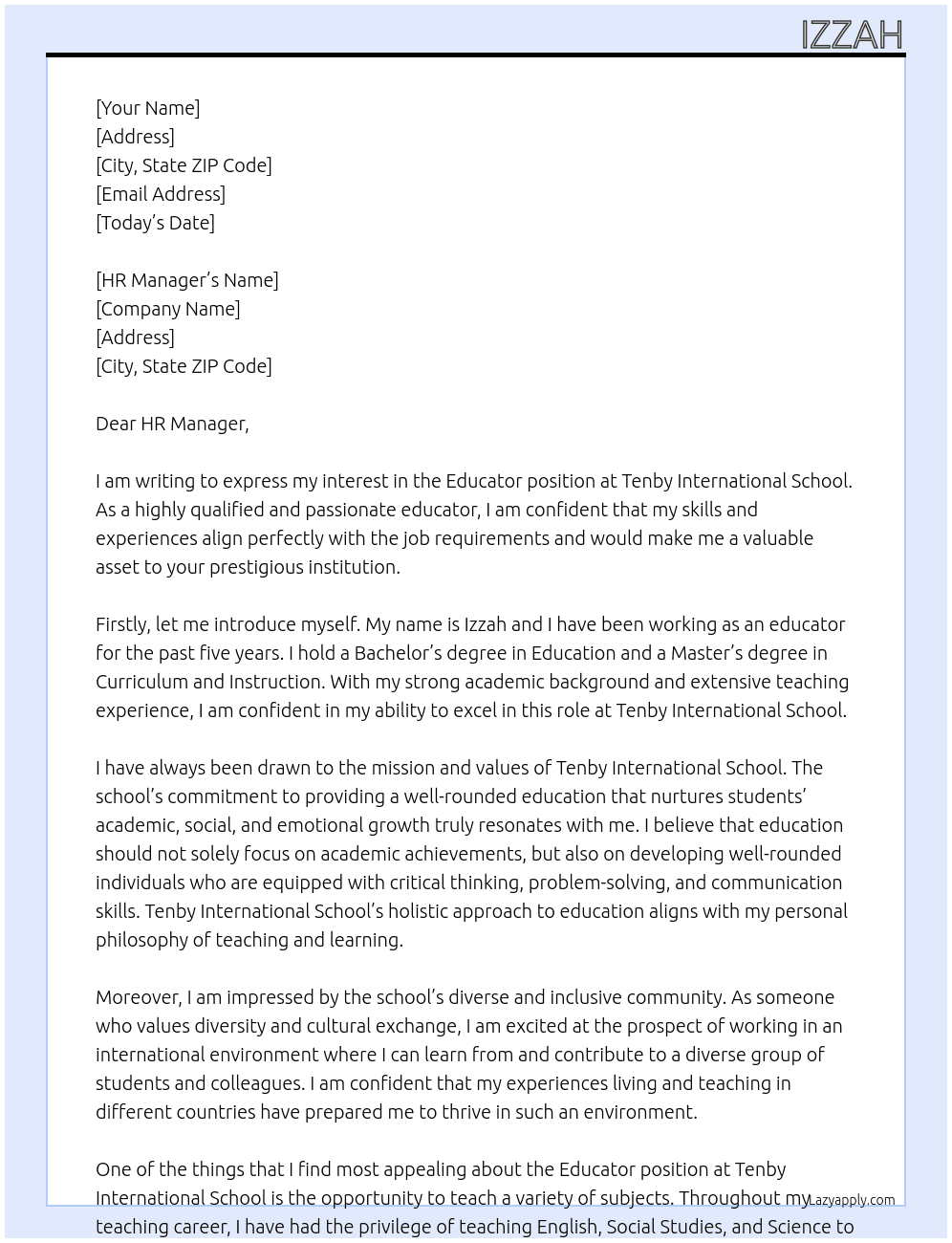 Educator At Tenby International School Cover Letter