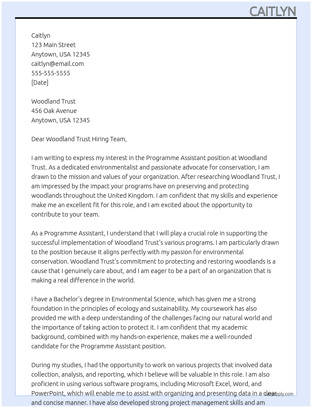 Programme Assistant At Woodland Trust Cover Letter