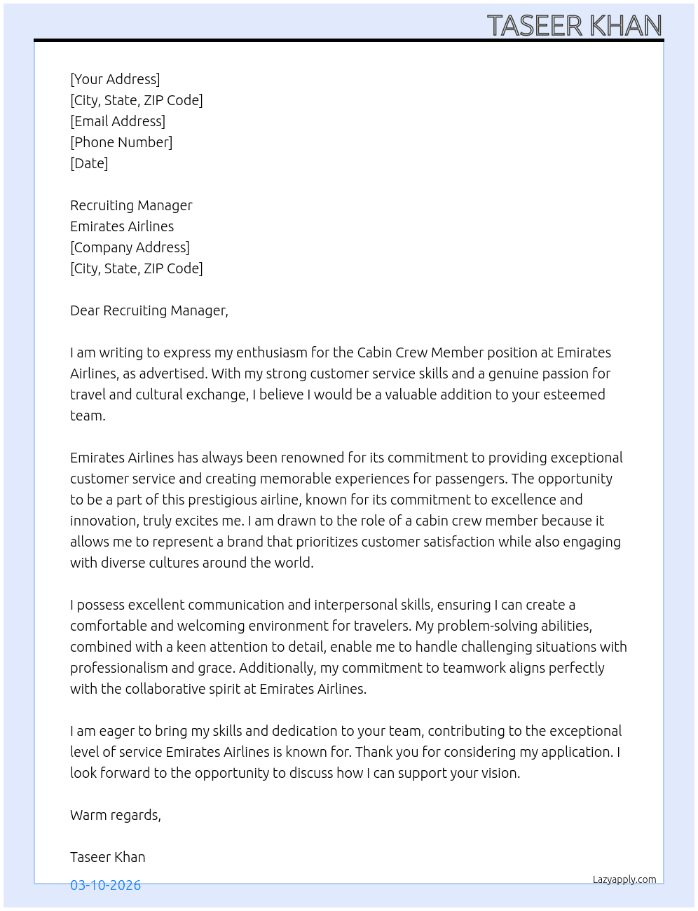 cabin crew member At emirates airlines Cover Letter