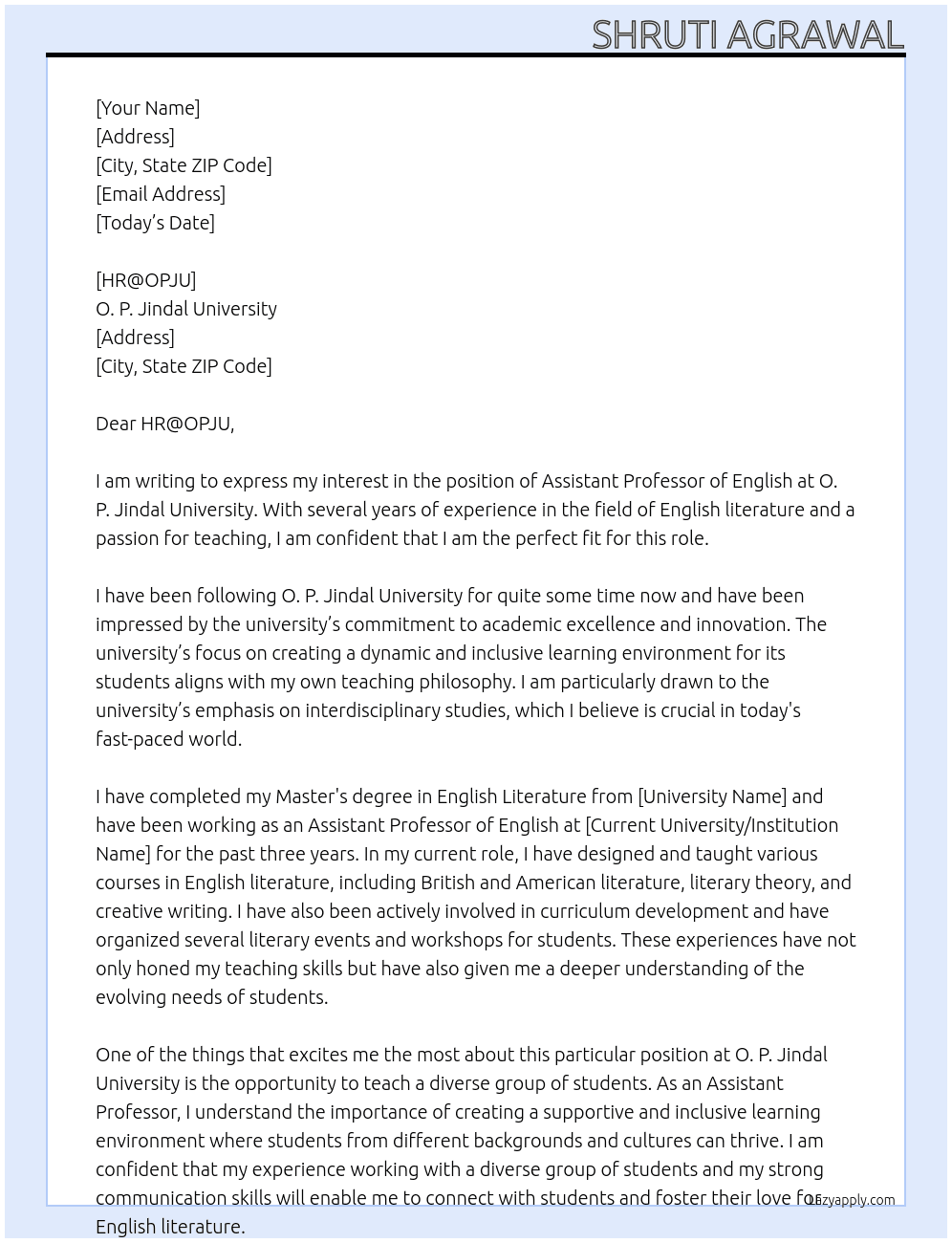 Assistant Professor of English At O. P. Jindal University Cover Letter