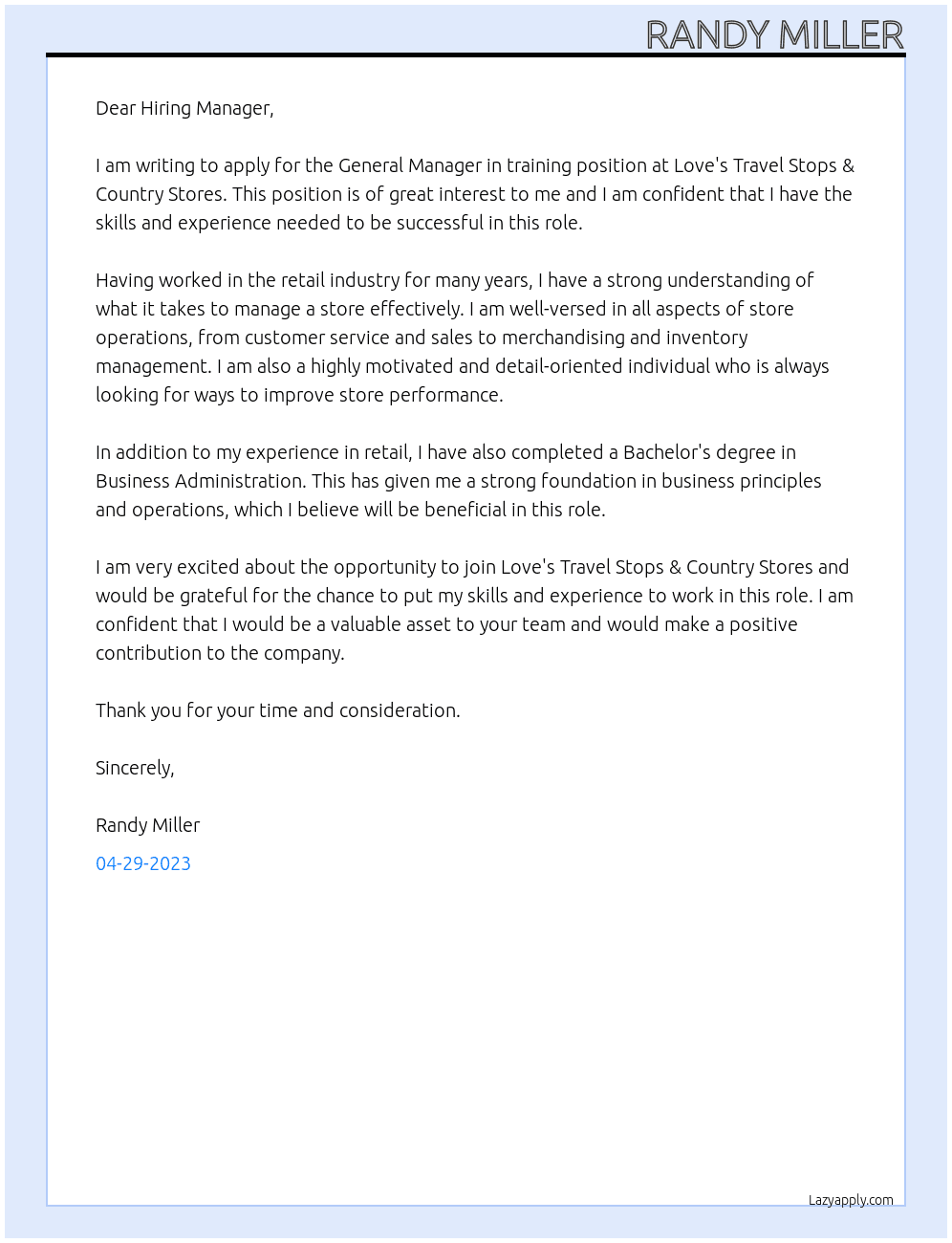 General Manager in training At Love's Travel Stops & Country Stores Cover Letter