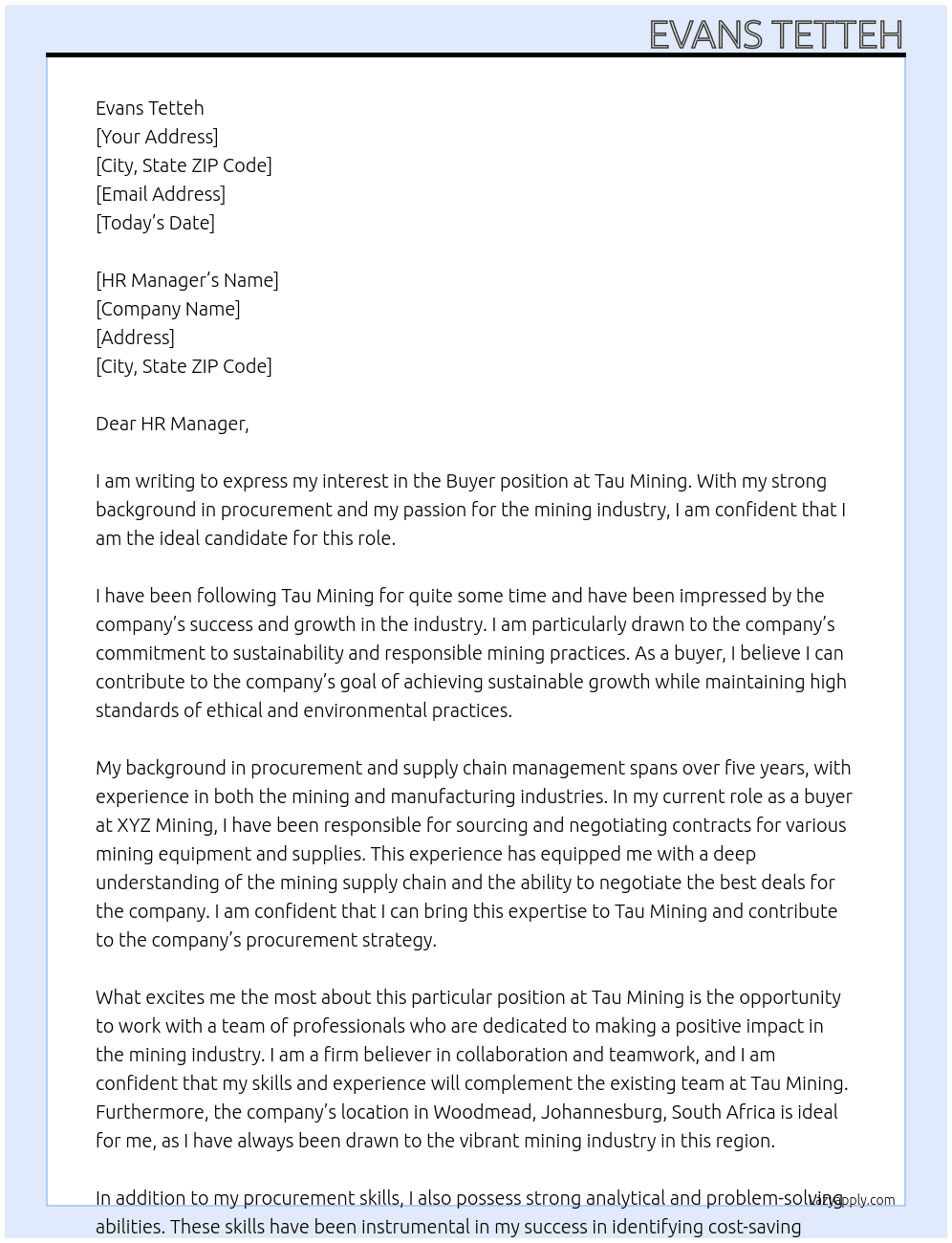 Buyer At Tau mining Cover Letter