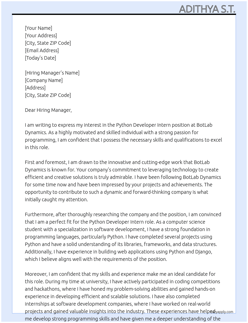 Python Developer Intern At BotLab Dynamics Cover Letter