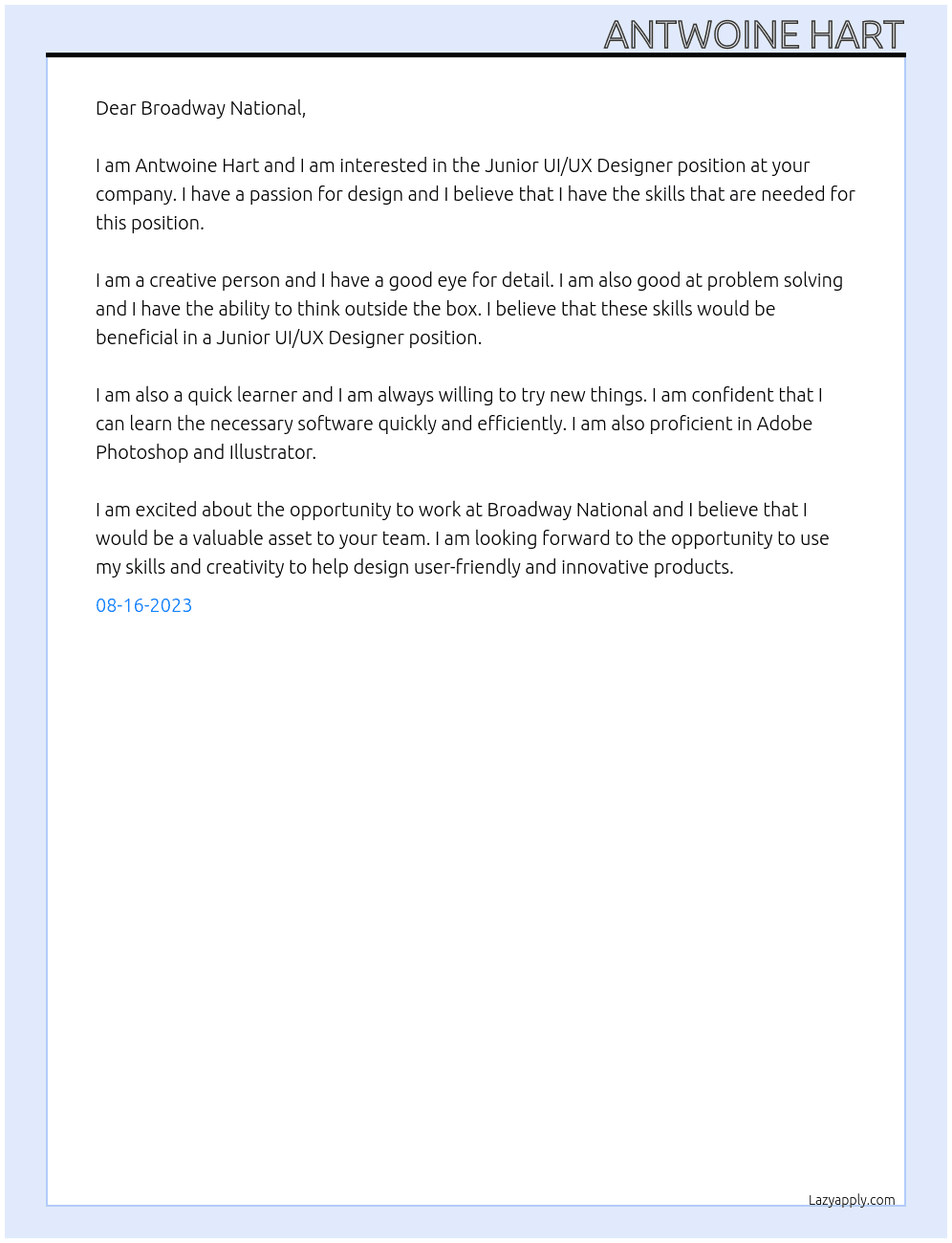 Junior UI/UX Designer At Broadway National Cover Letter