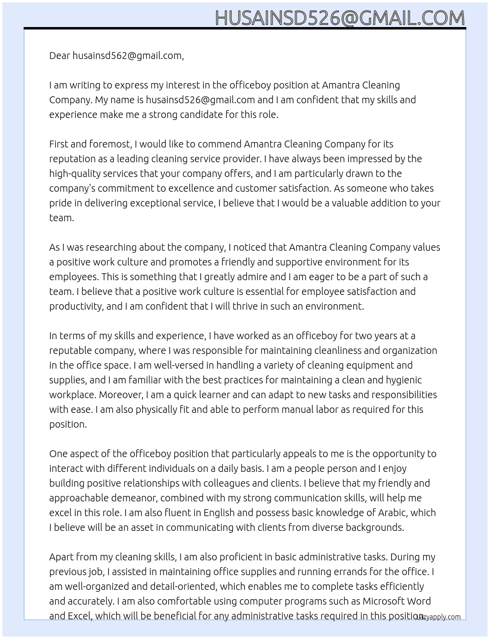 officeboy At amantra cleaning company Cover Letter