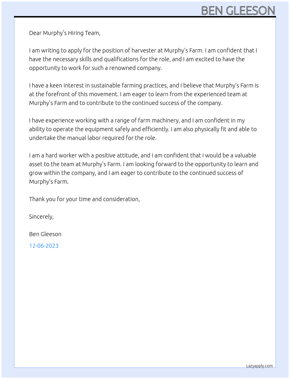 harvester At Murphy's Farm Cover Letter