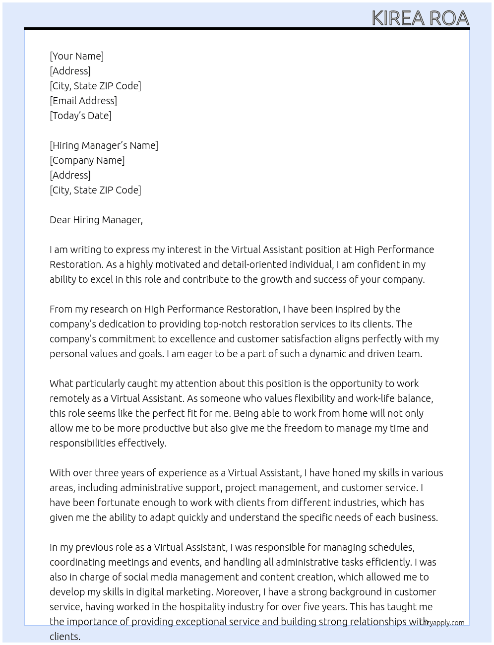 Virtual Assistant At High Performance Restoration Cover Letter