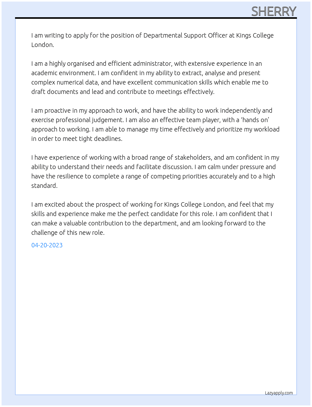 Departmental Support Officer At Kings College London Cover Letter
