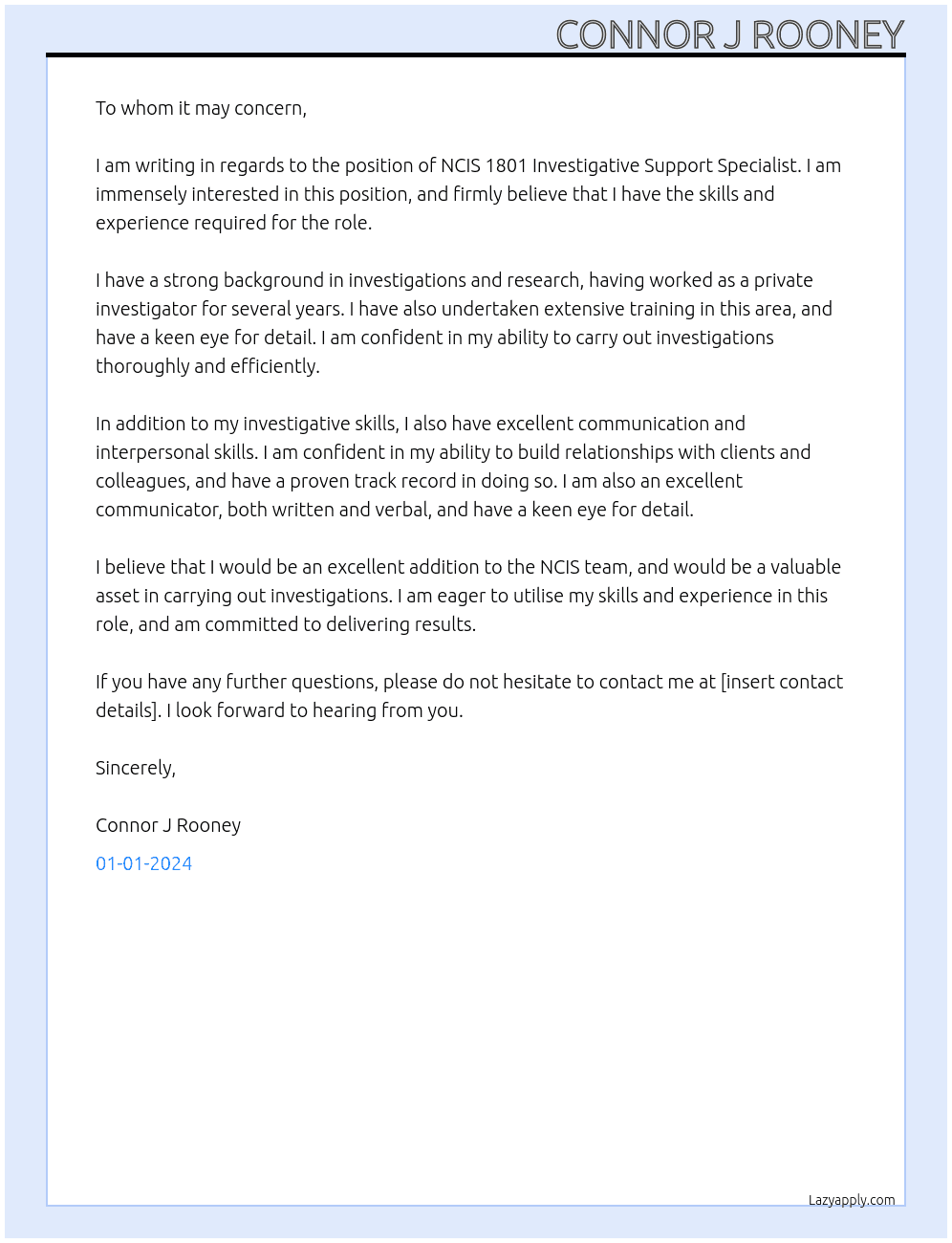 NCIS 1801 Investigative Support Specialist At NCIS Cover Letter